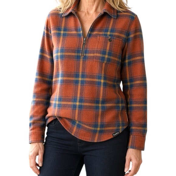 Toad&Co Tops - Toad&Co Orange Plaid Half-Zip Button Down Shirt